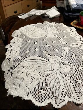 White Crocheted Table Runner with Angel Motif - Classic Dining Accent